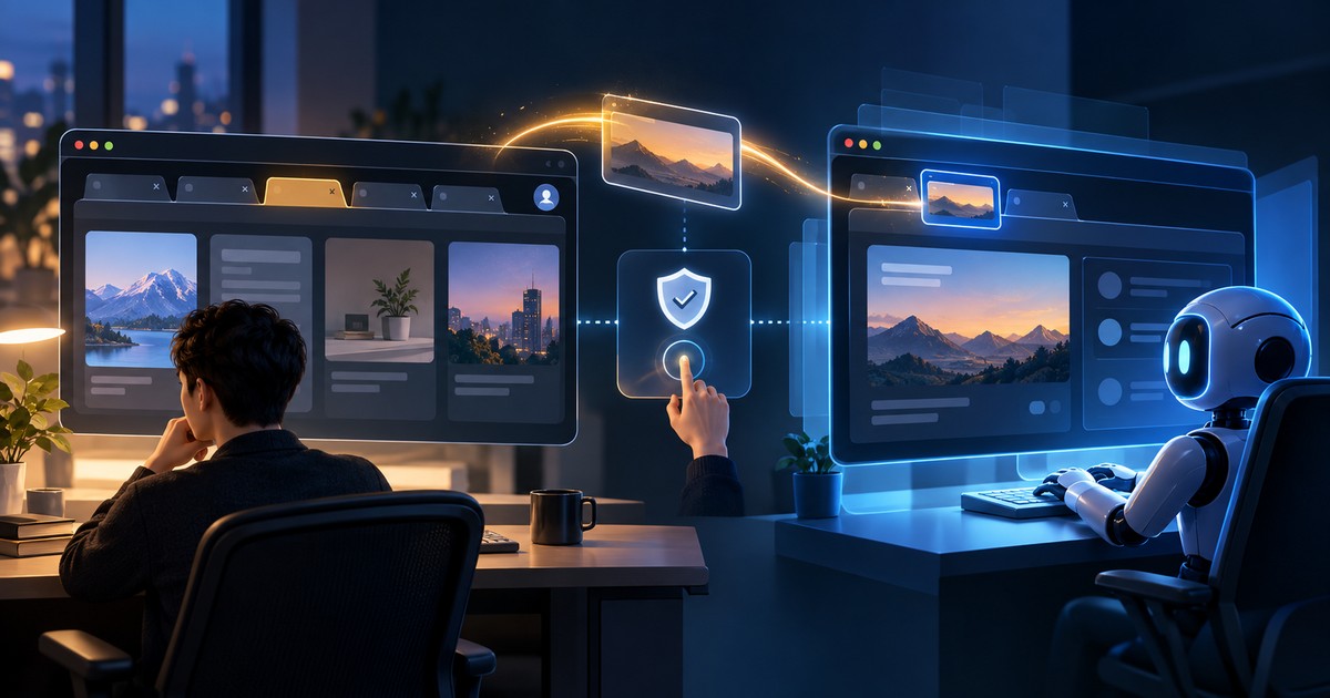 Minh họa AI Agent mượn một tab từ cửa sổ trình duyệt của người dùng sang Agent Window riêng