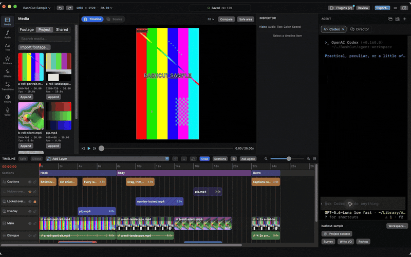 Demo chính thức BashCut cho thấy terminal Codex, timeline nhiều layer, captions, transition và plugin