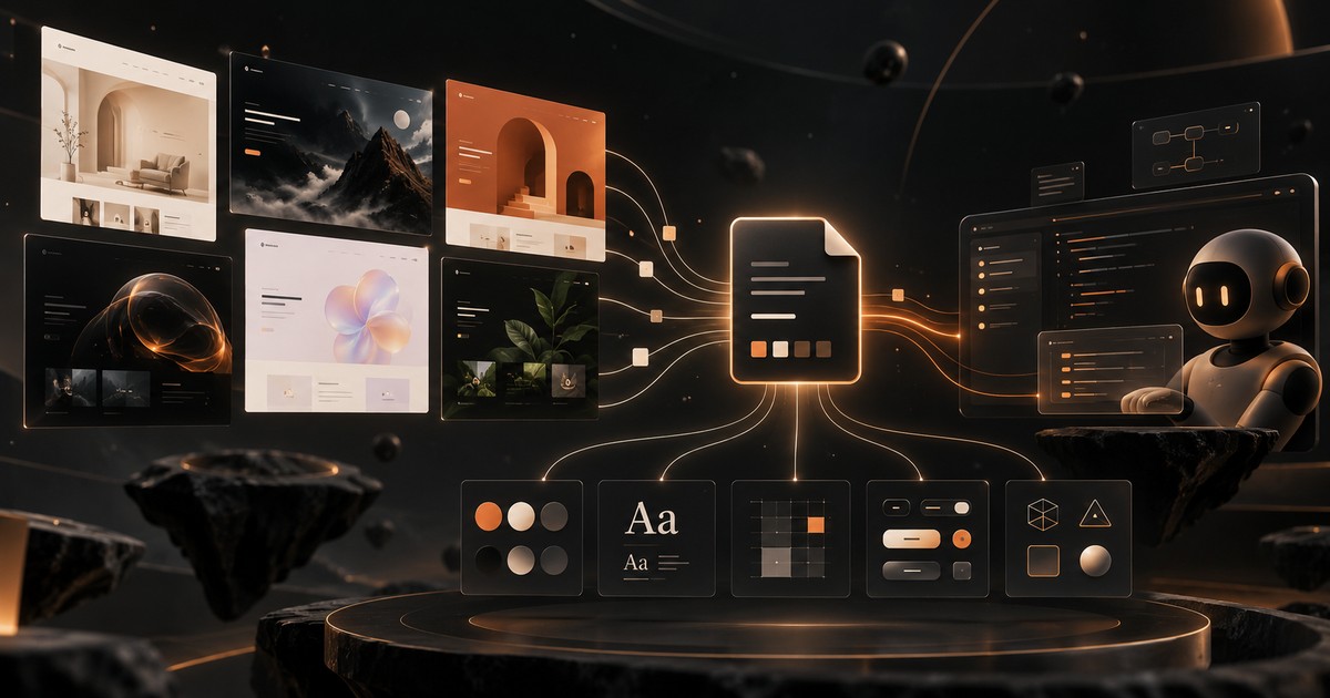 Minh họa nhiều phong cách website được gom thành một file design system cho AI coding agent