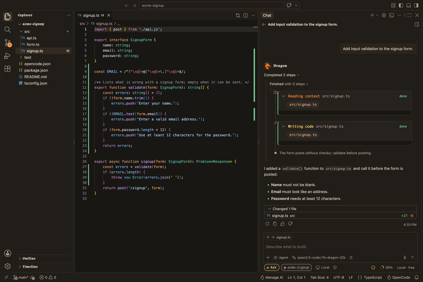 Giao diện Dragon IDE sau một lượt làm việc với mô hình local, hiển thị chat, thay đổi code và mức dùng context