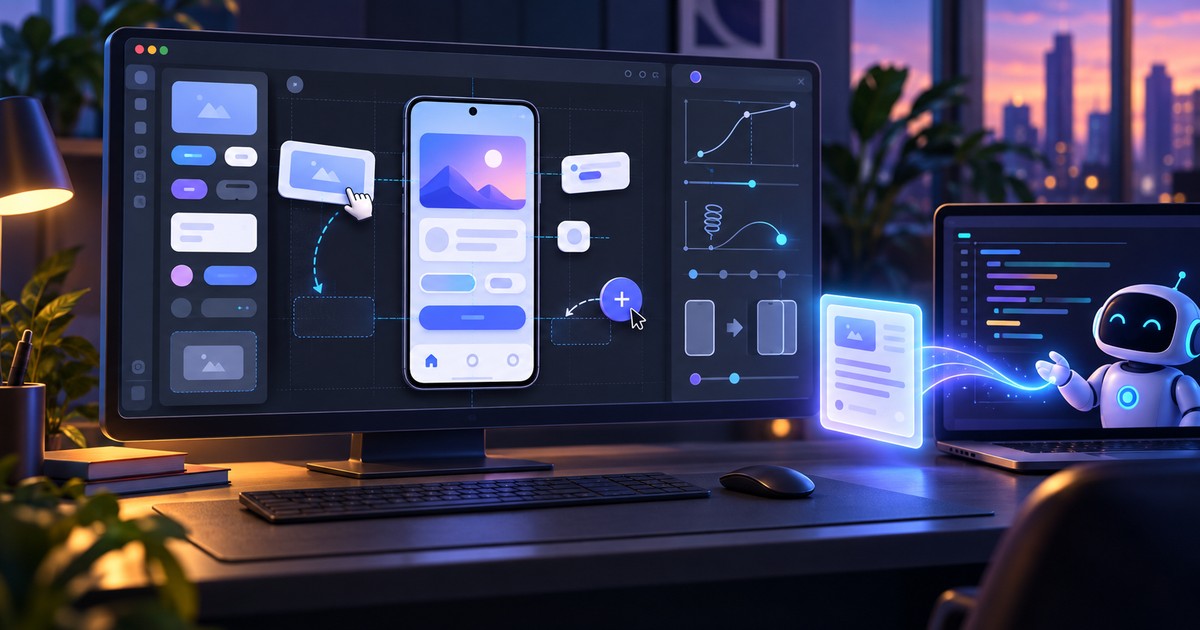 Minh họa kéo thả giao diện mobile trên canvas rồi chuyển bản mô tả sang AI coding assistant