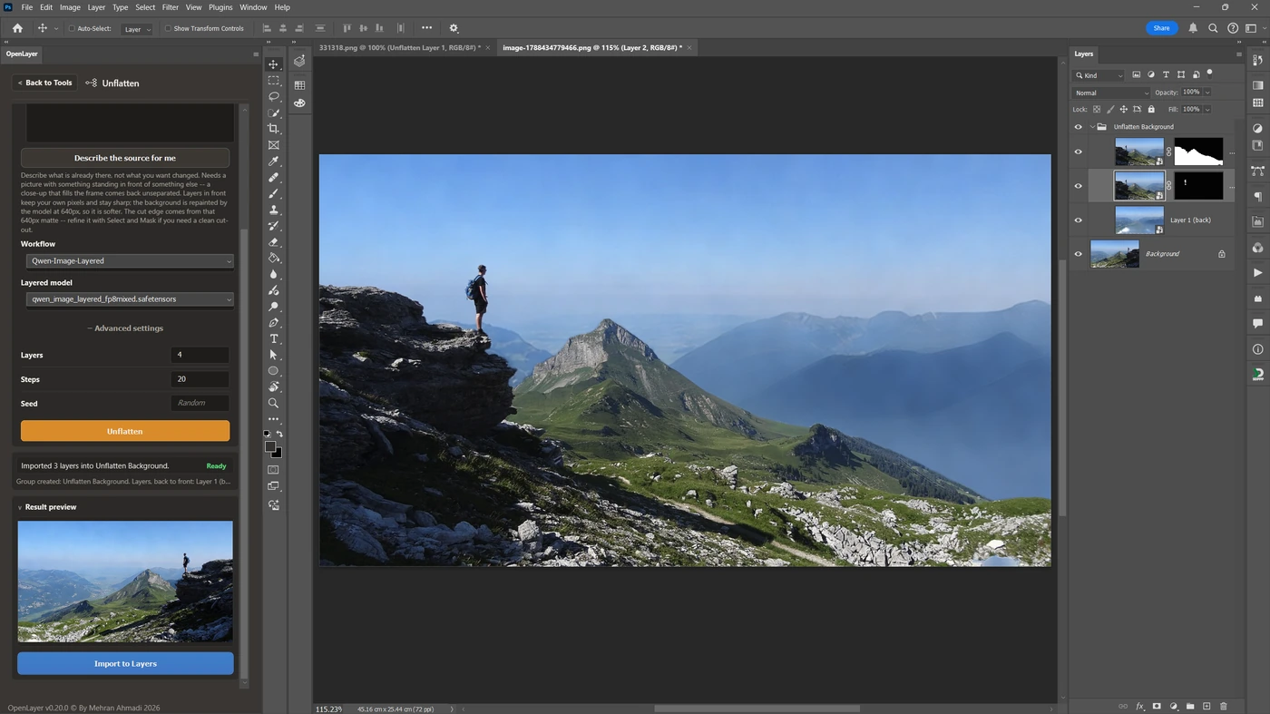OpenLayer Unflatten tách ảnh phong cảnh thành nhiều layer trong Photoshop