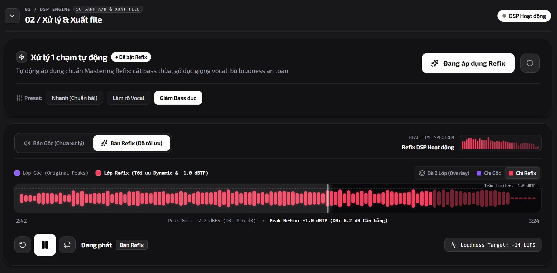 Khu vực preset, so sánh A/B và waveform sau khi Refix