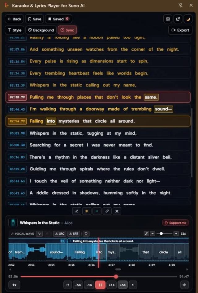 Giao diện extension chỉnh đồng bộ lời karaoke cho bài hát Suno với danh sách lyric và waveform