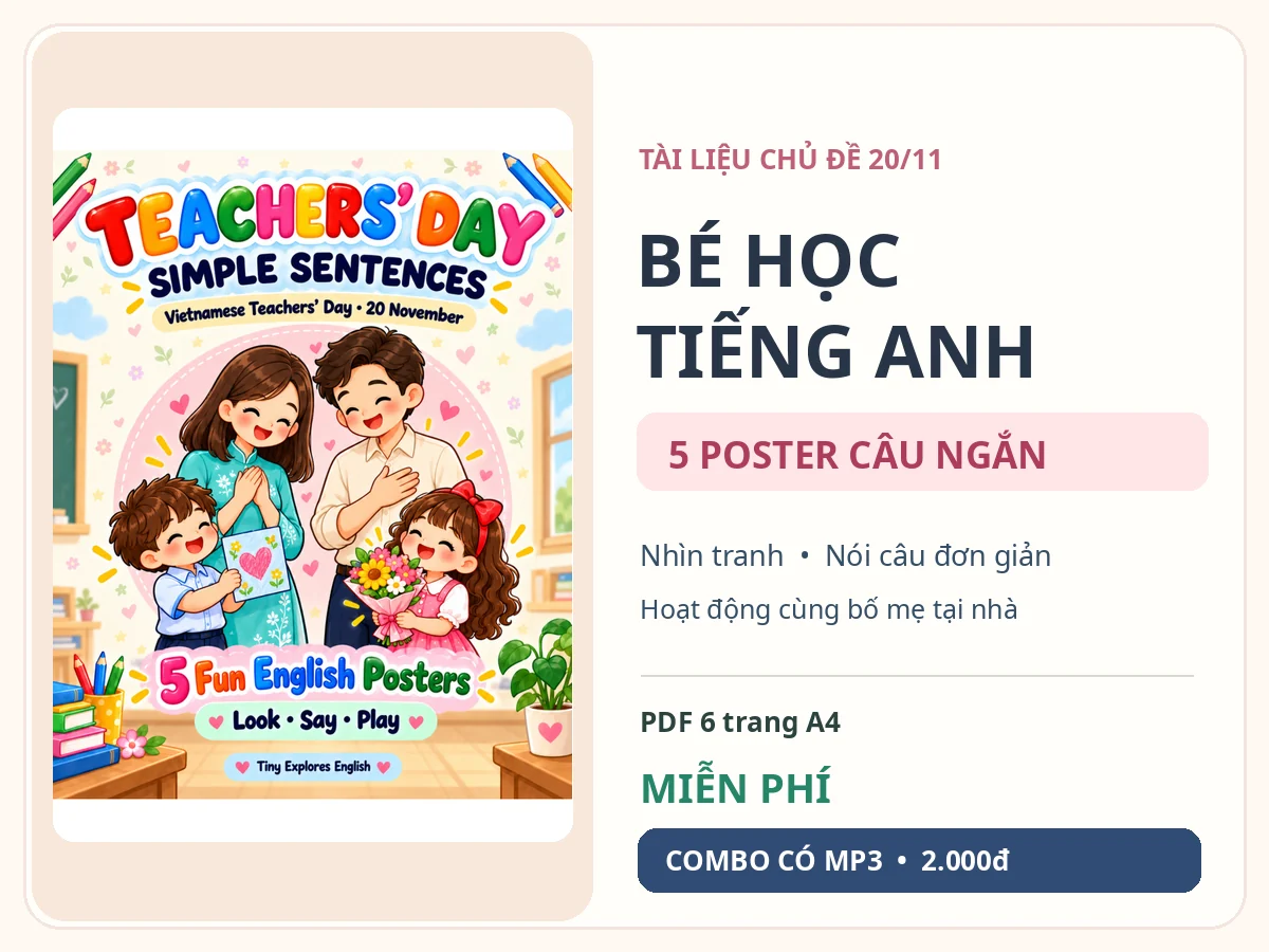 Bé Học Tiếng Anh Chủ Đề 20/11: 5 Poster Câu Đơn Giản (PDF + MP3)